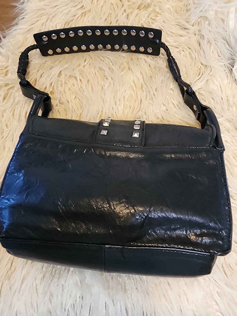 Donald J Pliner Black Studded Shoulder Leather Hobo Handbag - Picture 8 of 9